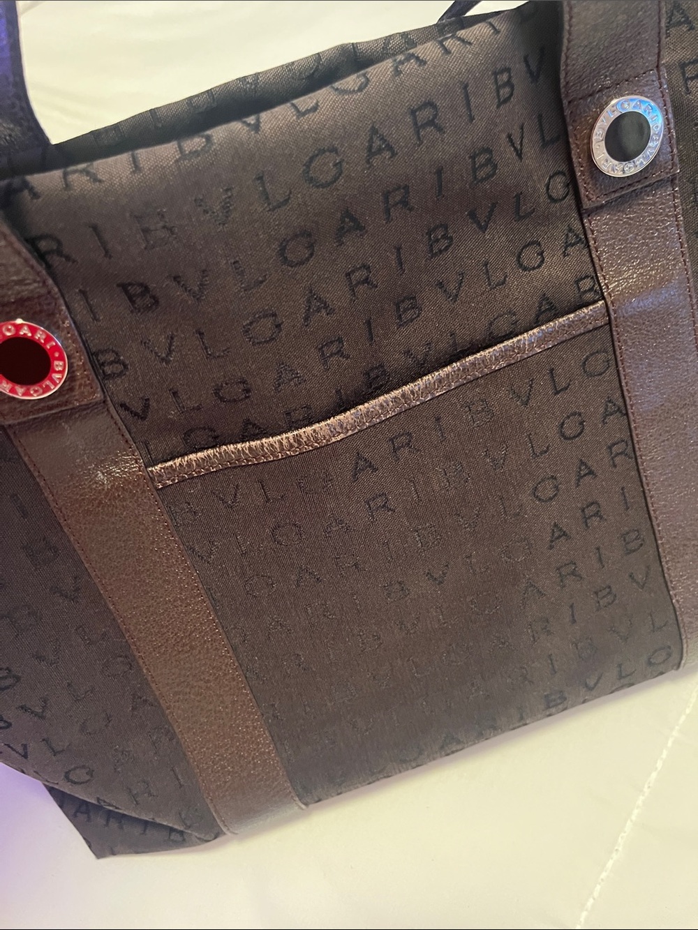 Bvlgari Logomania Dark Brown Canvas & Leather Tote EUC Retail $1200 - Picture 5 of 16